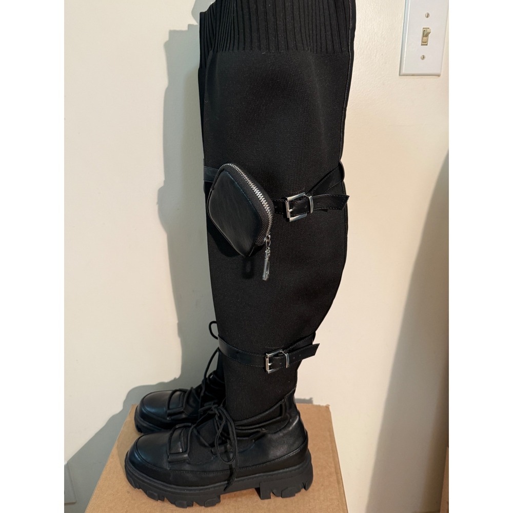Black Thigh High Sock Boots Utility Pocket Buckle Lug Sole Over The Knee 10W - Picture 2 of 5